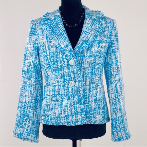 Vintage Blue/White Tweed-style, Fringed Blazer, Size 6P - Picture 1 of 8
